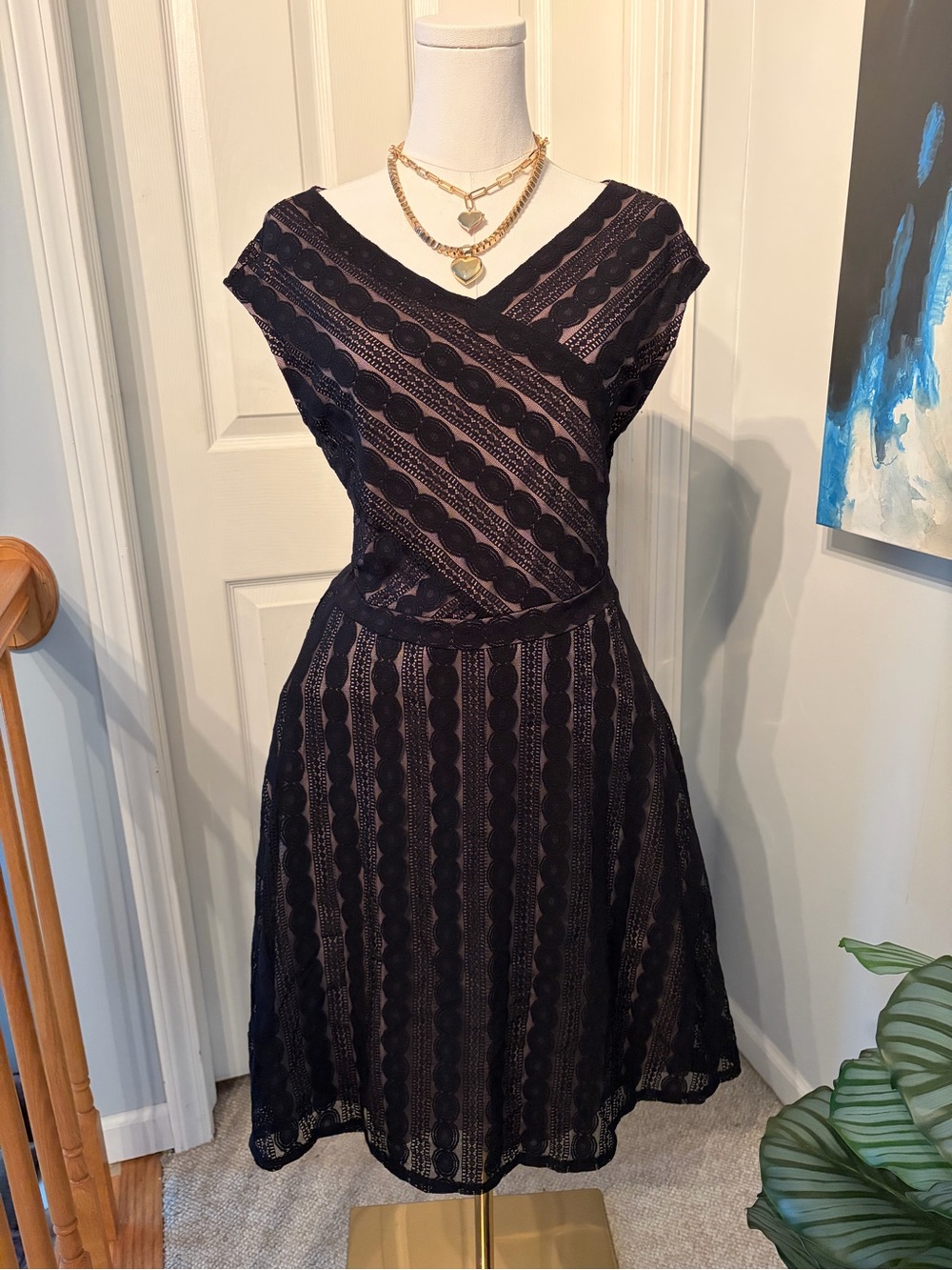 Black Lace Overlay V-Neck Fit & Flare Dress